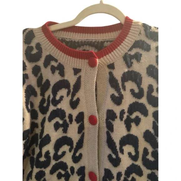 Leopard Print Taupe Navy Blue Cardigan Red Buttons *No Size Tag See Measurements - Picture 3 of 9